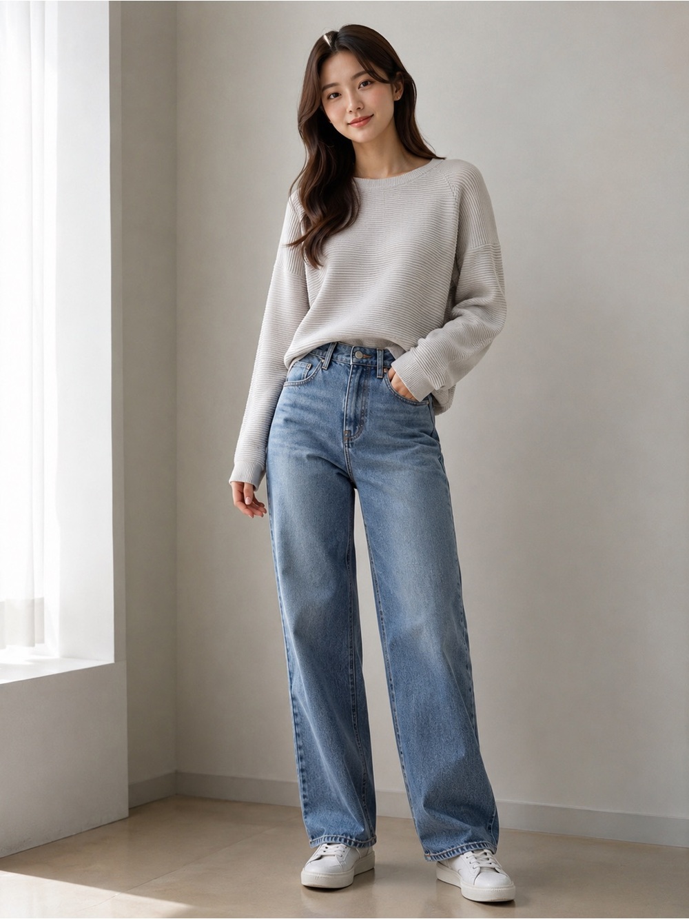 French Connection Light Gray Ribbed Crewneck Sweater